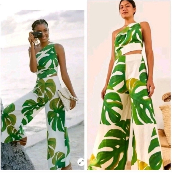 Free People Pants - Farm Rio One Shoulder Linen Leaf Jumpsuit